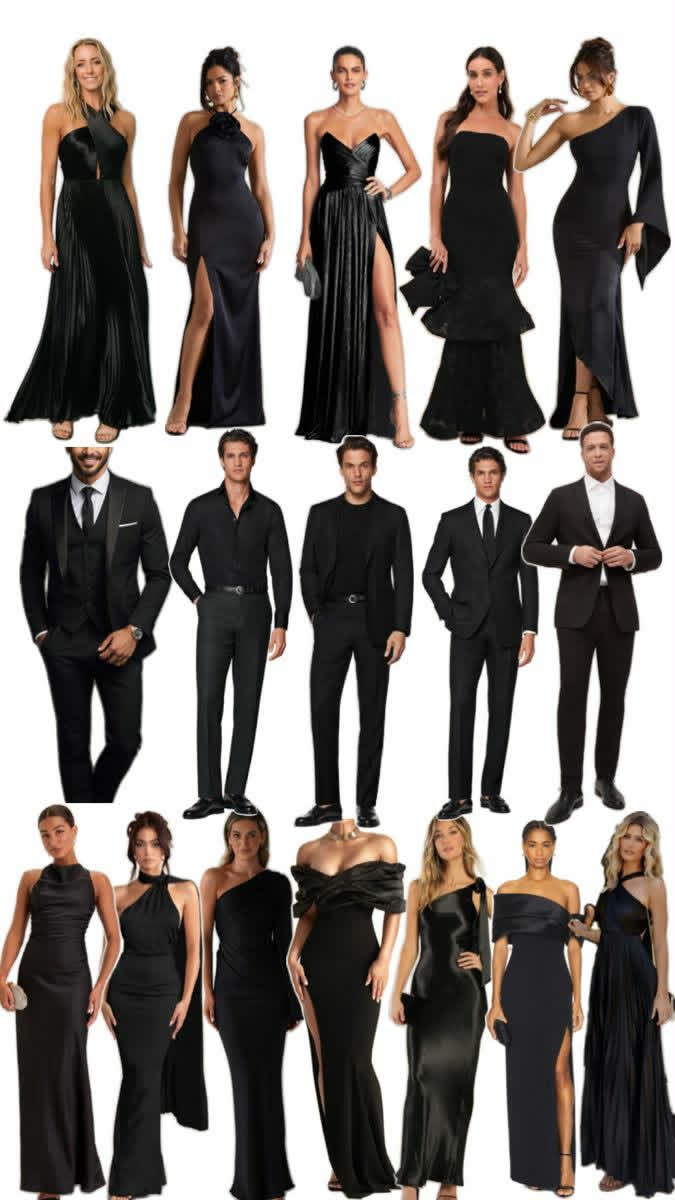 Inspiration grid of black gowns and tailored black suits