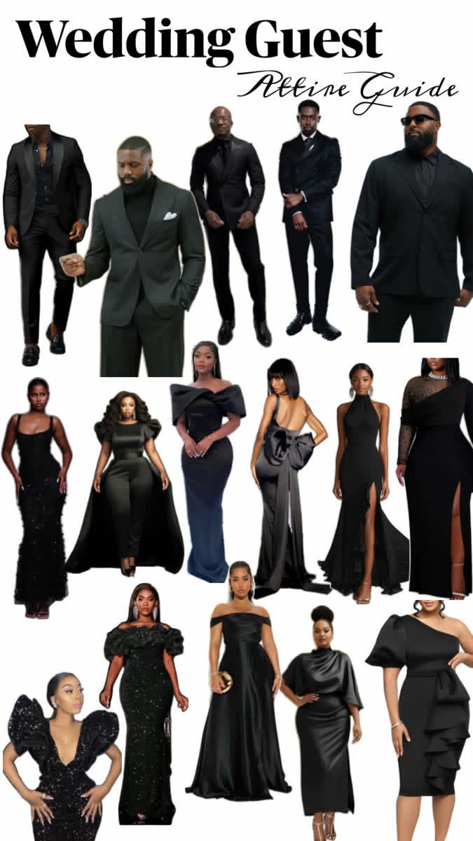 Wedding guest attire guide featuring black formalwear